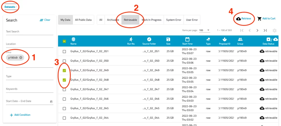 Archive retrieval process on discovery.psi.ch
