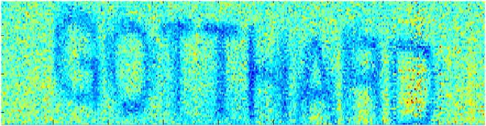 X-ray image of 3um thick gold letters deposited on a Si wafer acquired at 15 keV and reconstructed by inter-strip interpolation using GOTTHARD coupled to 20 um pitch sensor.