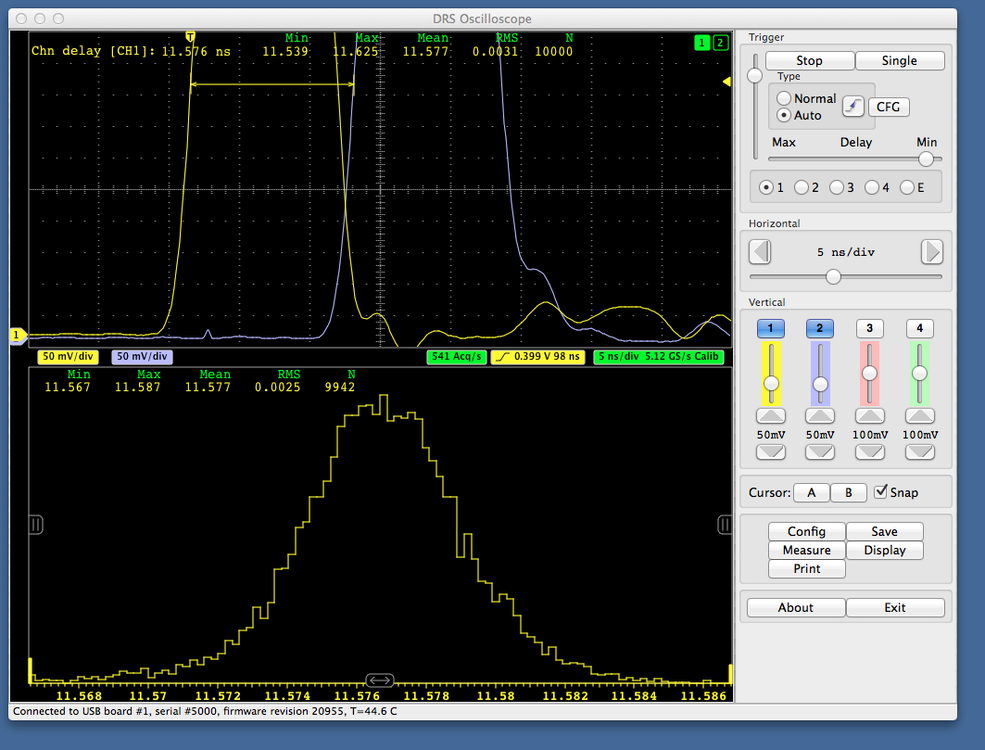 DRS Oscilloscope Application running under Mac OSX. The delay between two pulses is measured with a 2.5 ps accuracy.