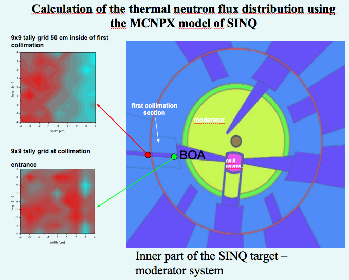 Calculations of SINQ's thermal flux distribution. The simulations were performed with the monte carlo software MCNP.