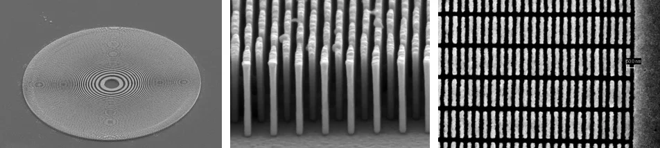 Figure 1: Electroplated gold zone plate for multi-keV x-rays with 50 nm wide and 500 nm high structures (left and center). Nickel zone plate for soft x-rays with 25 nm outermost zone width (right).