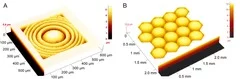 3D profilometer scan of a Fresnel lens etched in BaF2 (A) and plano convex micro-lens array fabricated in quartz (B).