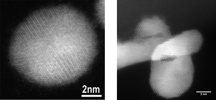 Scanning Transmission Electron Microscope (STEM) dark field images of platinum particles deposited on oxide film.