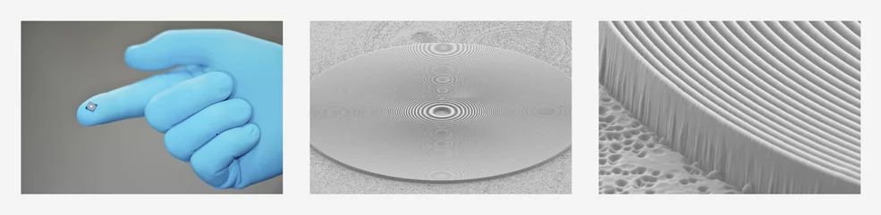 Zonenplatte aus Diamant zur Nano-Fokussierung intensiver Strahlung aus einem Röntgenlaser. Der Durchmesser der gesamten Zonenplatte beträgt 0,5 Millimeter – gerade gross genug um den Laserstahl aufzusammeln. Die äussersten Ringe sind nur 100 Nanometer dick (und werden zum Mittelpunkt hin dicker). (Links: Foto: PSI/M. Fischer; Mitte und rechts: REM-Aufnahmen, PSI)