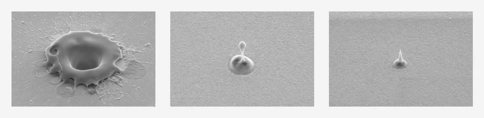 Der von einer diamantenen Zonenplatte fokussierte Röntgenlaserpuls erzeugt Krater in einer Metalloberfläche. Um die Fokusgrösse und die maximale Strahlungsdichte genau zu bestimmen führt man solche Experimente für verschiedene Intensitäten des Strahls durch. Bei voller Pulsstärke beträgt der Durchmesser einige Tausend Nanometer (links), während bei tausendfacher Abschwächung Krater mit 500 Nanometer (Mitte) und 200 Nanometer (rechts) entstehen. Die Grösse der Krater entspricht nicht unmittelbar dem Quersch…