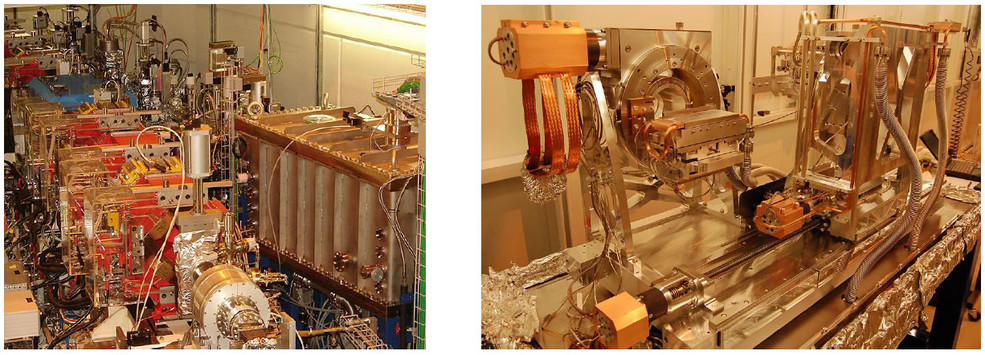 Left: View of the sector 2 of the SLS tunnel: visible are the magnets of the storage ring (in the foreground) as well as the TOMCAT front end (background). The monochromator vacuum chamber is clearly visible on the right side. Right: View of the mechanics of the mono: the multilayer crystals are mounted on two separate goniometer towers. The first crystal can be adjusted in transverse direction as well as in pitch and roll. The second crystal has transverse, longitudinal (up to 850 mm range), vertical as w…