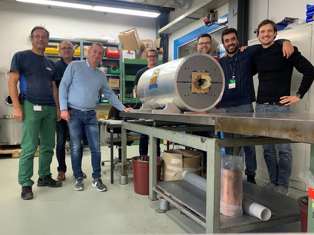 From the left: Roland Felder, Serguei Sidorov, Stéphane Sanfilippo (leader of PSI magnet section), Christoph Hug, Michael Daly, Giuseppe Montenero, Bernhard Auchmann (project leader).