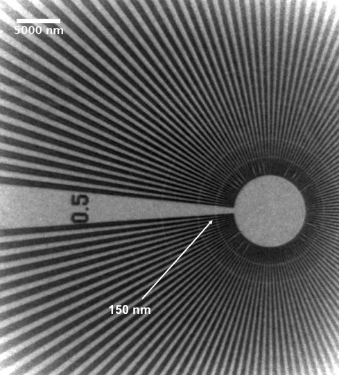 Gold Siemens Star radiography obtained at 12 keV with an effective pixel size of 60 nm. The innermost spokes defects are clearly visible.