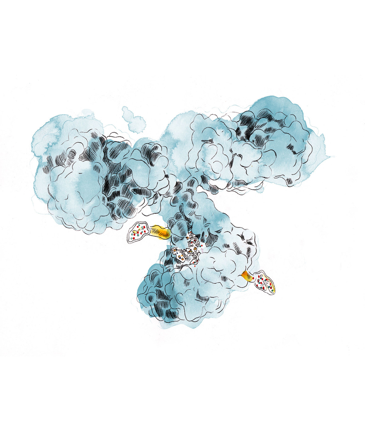 Für bessere Tumortherapien kann Spycher den Wirkstoff mithilfe eines Enzyms an den Antikörper kleben. Der «Klebstoff» (gelb) spielt dabei eine entscheidende Rolle.