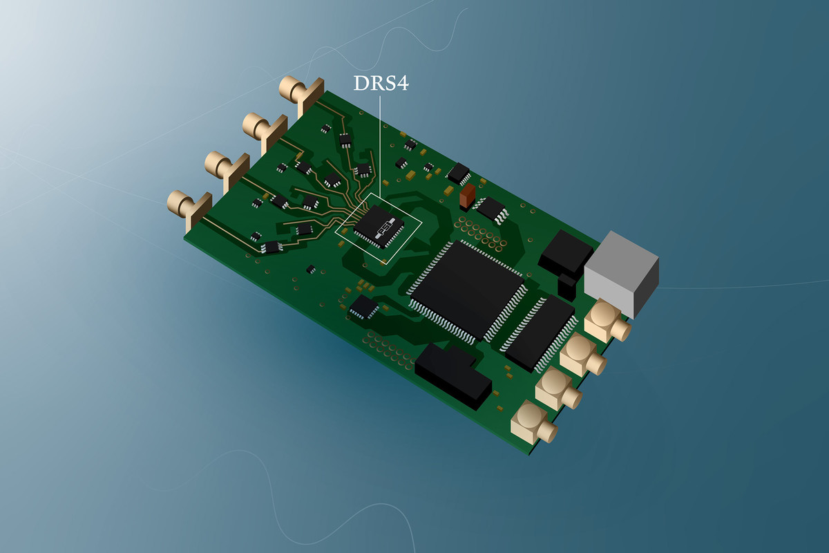Le DRS4 (Domino Ring Sampler) développé au PSI est une micropuce qui, pour dire les choses simplement, regroupe un oscilloscope ultrarapide sur une surface de la taille d’un ongle.