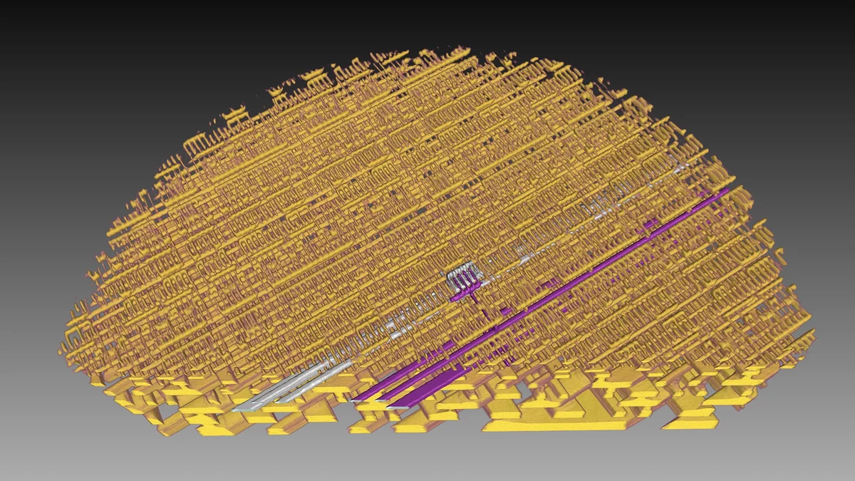 Représentation en 3D de la structure interne d'une micropuce (processeur Intel). L’image montre une vue directe du niveau où se trouvent les transistors.