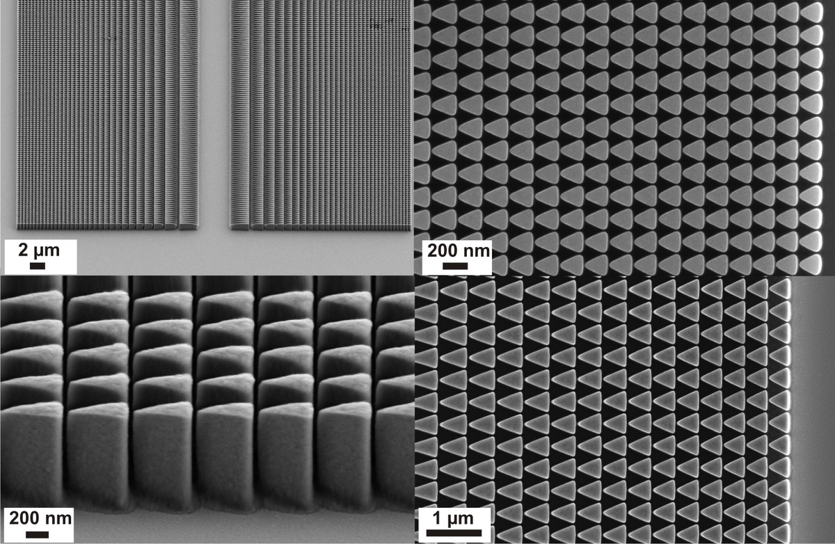 Scanning electron microscope images of nickel lens structures designed for blazed operation in tilted geometry.