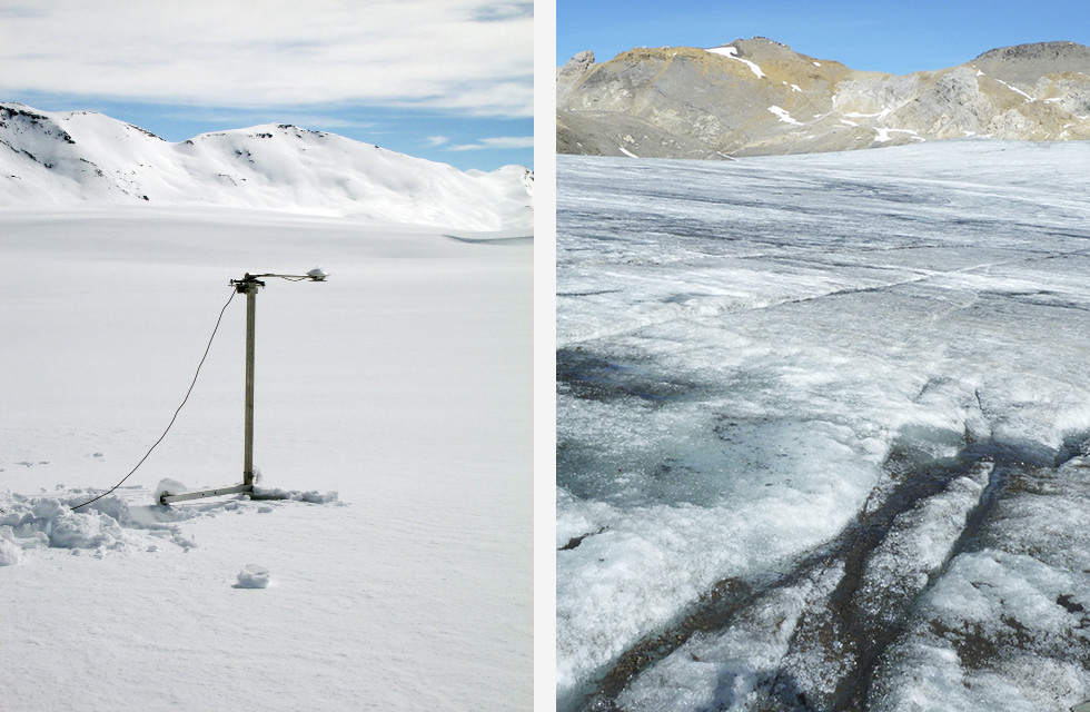 Gletscherschmelze in den Schweizer Alpen. Das linke Bild zeigt ein Albedometer auf dem Plaine Morte Gletscher in der Schweiz. Das gerät misst, welcher Anteil des Sonnenlichts von der Schneeoberfläche zurückgestrahlt wird. Die Aufnahme wurde am 1. Juni 2010 gemacht, als der Gletscher noch vollständig mit frischem Schnee bedeckt war (Foto: M. Schwikowski/PSI). Die rechte Aufnahme stammt vom 25. August 2010 (Foto: E. Bühlmann/PSI). In der Zwischenzeit ist praktisch der gesamte Schnee geschmolzen und der entha…