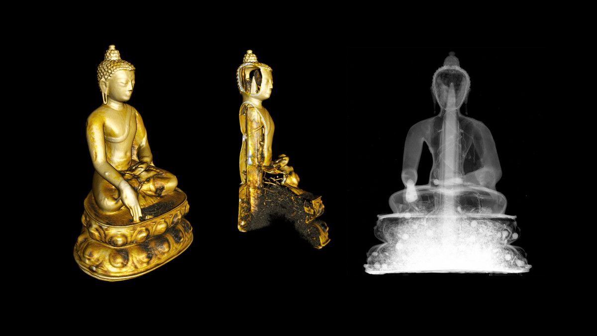 Buddha Shakyamuni, 14th or 15th century CE. Sitting Buddha statue from western Tibet, 15 centimetres high, made of brass and copper, with original seal.  Figure: Paul Scherrer Institute / Neutron Imaging and Activation Group