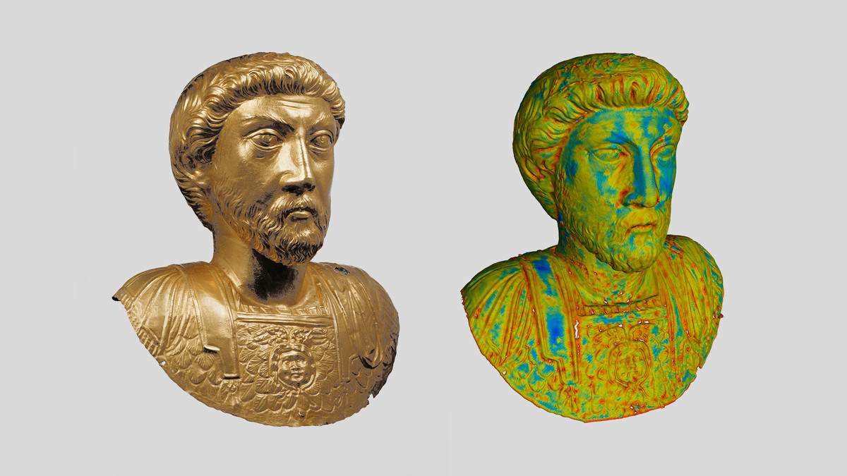 Imaging by means of neutrons (see on the right) makes it possible to measure the wall thicknesses of the nearly life size, hollow bust. Blue stands for 1.5 millimetres, yellow for 0.6 millimetres, red for 0.1 millimetres.
(Photo on the left: AVENTICUM - Roman Museum in Avenches / Jürg Zbinden; Image on the right: Paul Scherrer Institute / Neutron Imaging and Activation Group)
