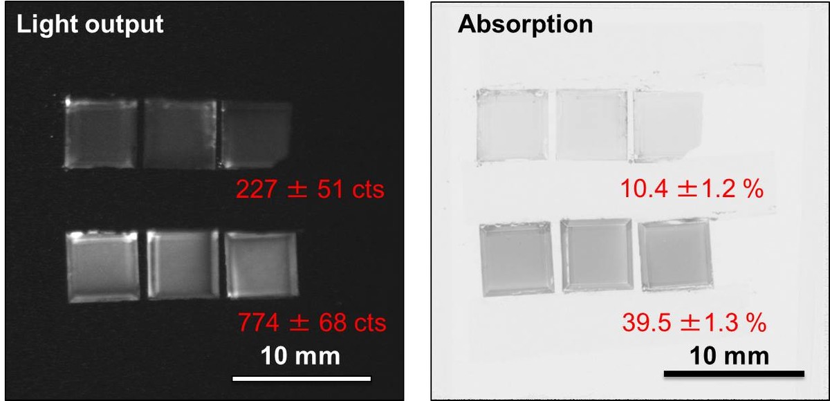 Comparison of the light output and the absorption of the isotopically enriched (Gd-157) and the natural Gd2O2S:Tb scintillator screens. For details, please see Trtik et al [3].