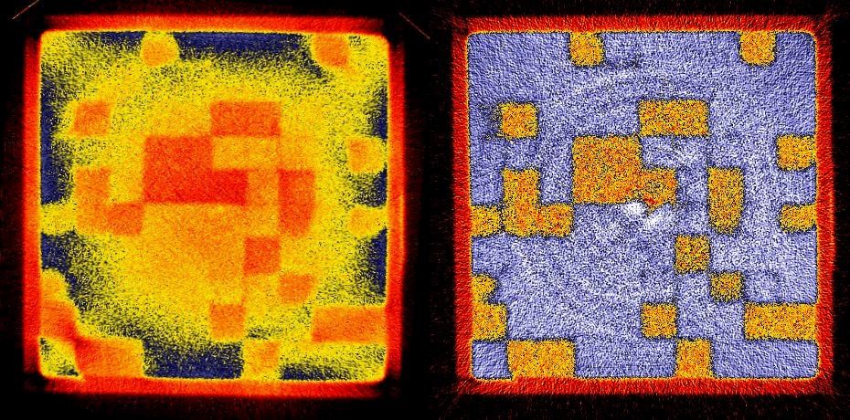 Horizontal slice of the neutron tomography data set of a sand package (10 cm x 10 cm) with different sub-cubes (1 cm x 1 cm). The left data set was obtained after reconstruction without scattering correction. The right data represent the correct moisture values which were obtained after application of the QNI correction tool.