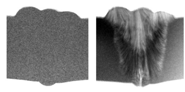 Steel weld: (left) taken with full spectrum, (right) texture effects due to Bragg scattering become visible at limited energy bandwith.