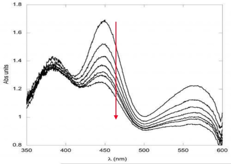 Figure 3: Example of UV/Vis absorption spectra before and after X-ray exposure.