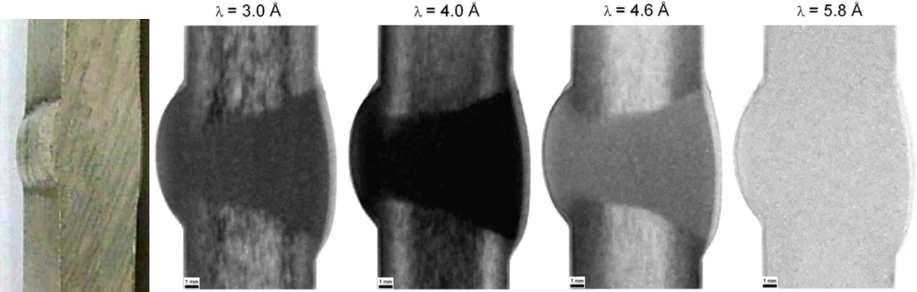 Fig 2. Neutron-transmission images for an Al weld under different spectral conditions