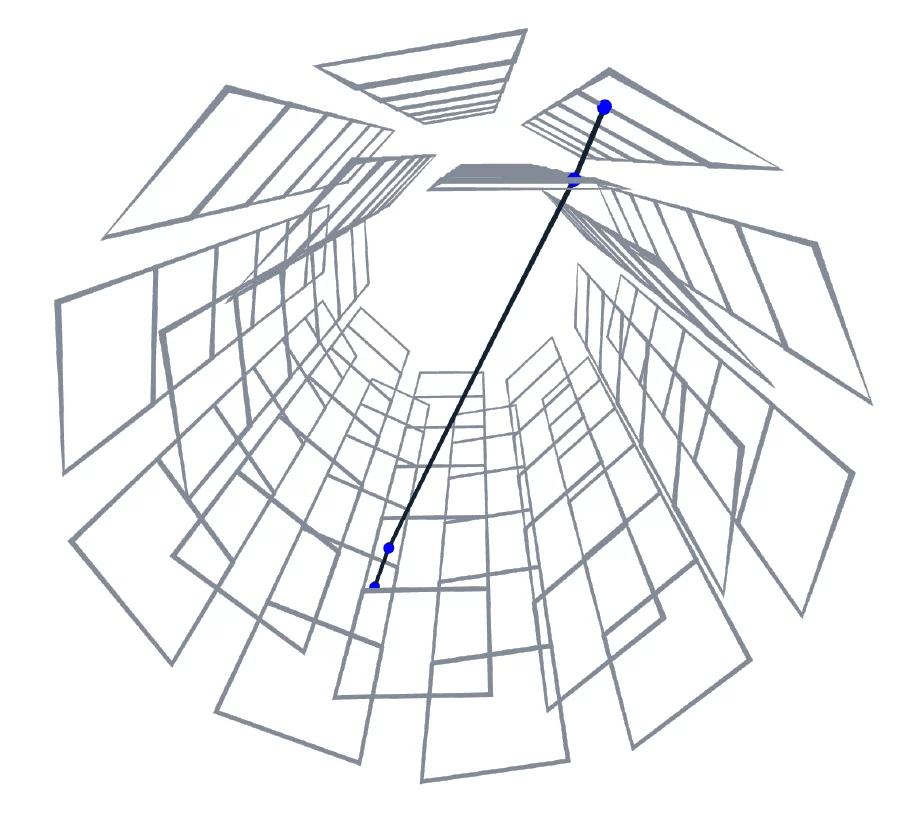 Event display of a cosmic muon track in the Mu3e vertex detector