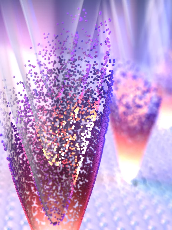 When electrons (spheres) in the surface of a topological insulator are accelerated by strong light waves according to their band structure (lowest cone), Floquet-Bloch replicas (higher cones) of the original band structure are formed. 