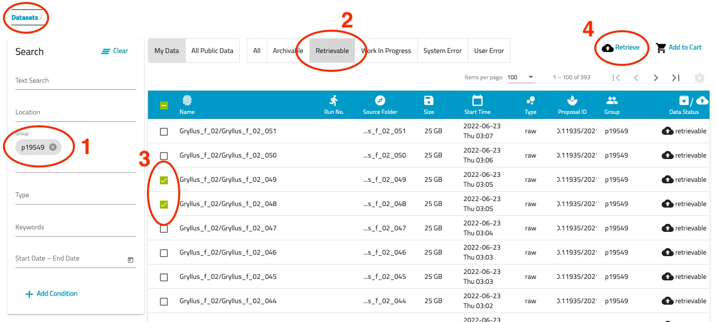 Archive retrieval process on discovery.psi.ch