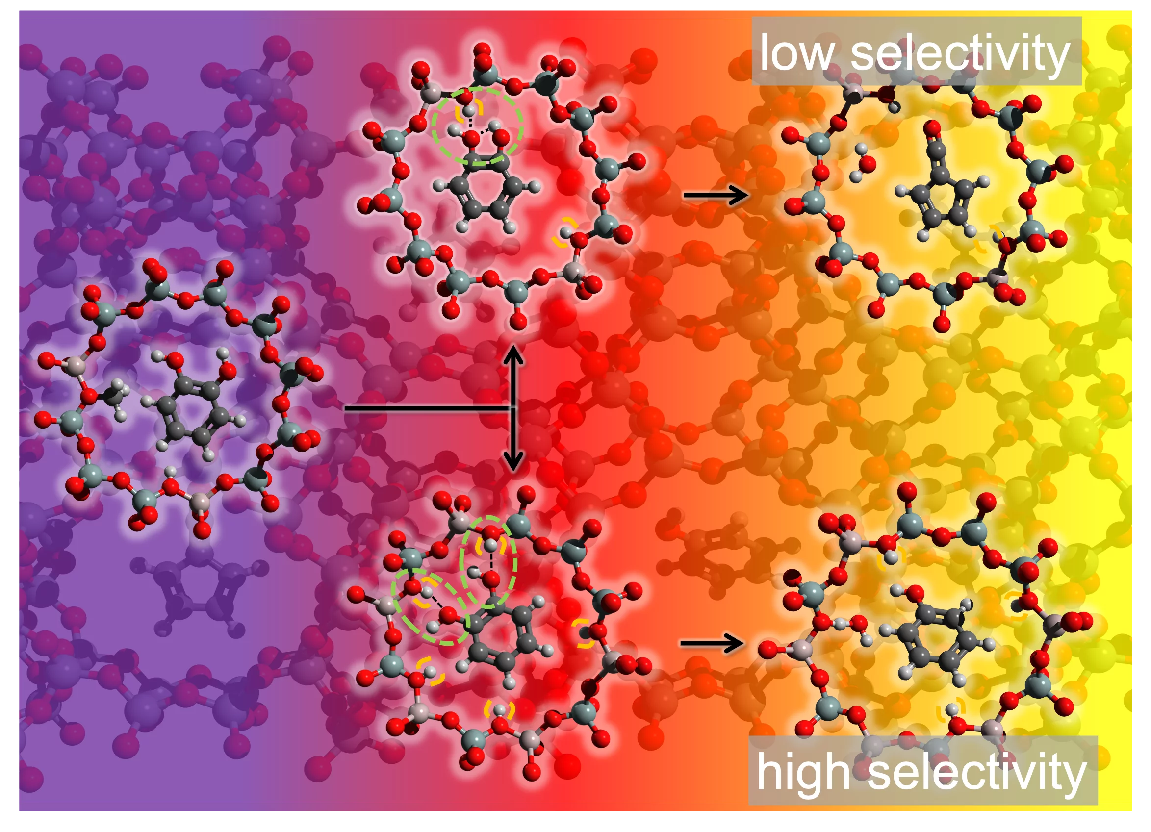 Figure 1: Branching during the reaction mechanisms of the catalytic pyrolysis of guaiacol. The Bronsted acid site density is responsible, which reaction route is taken.