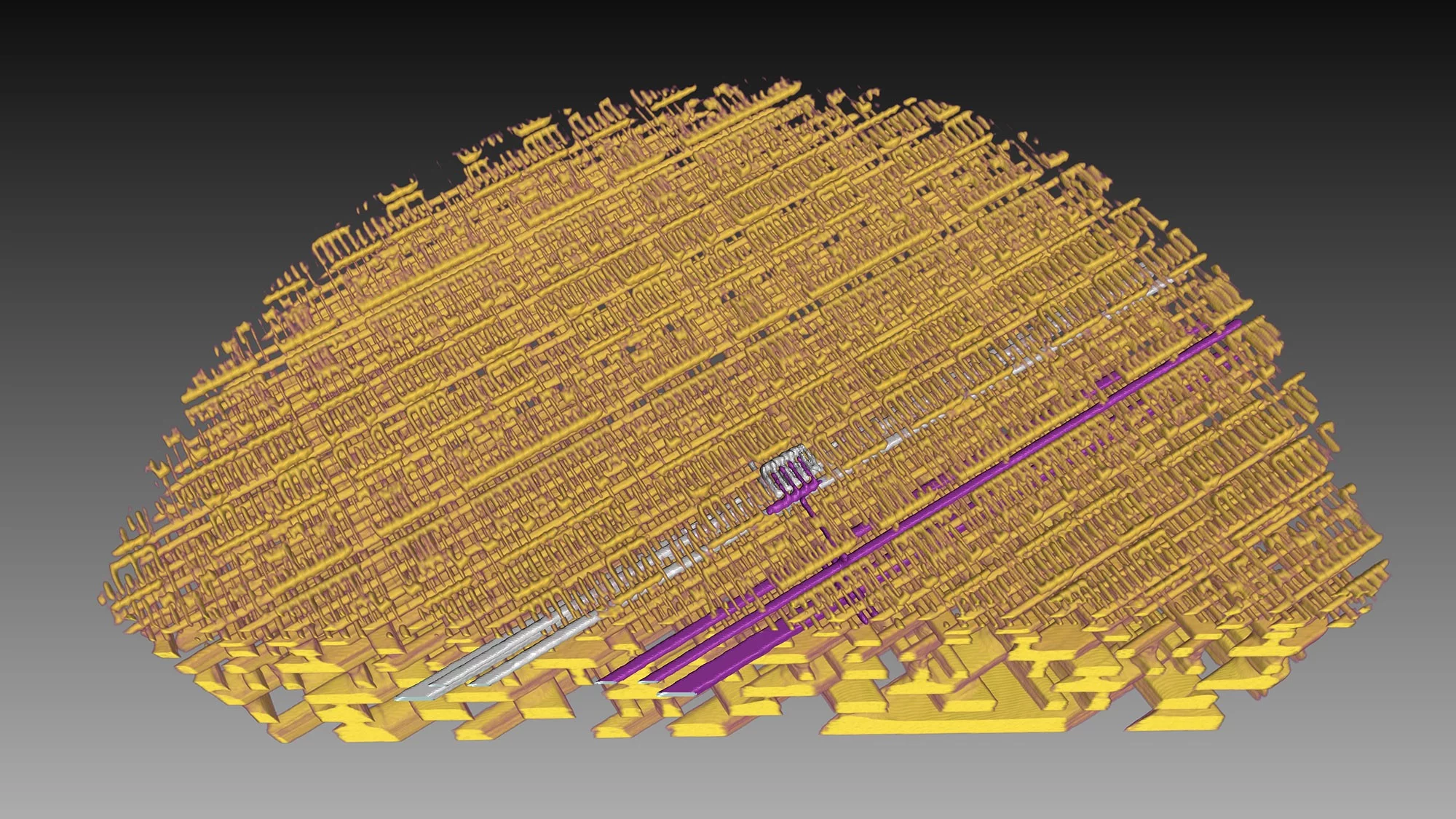 3-D representation of the internal structure of a microchip (Intel processor). The view shown is exactly at the level where the transistors are located.