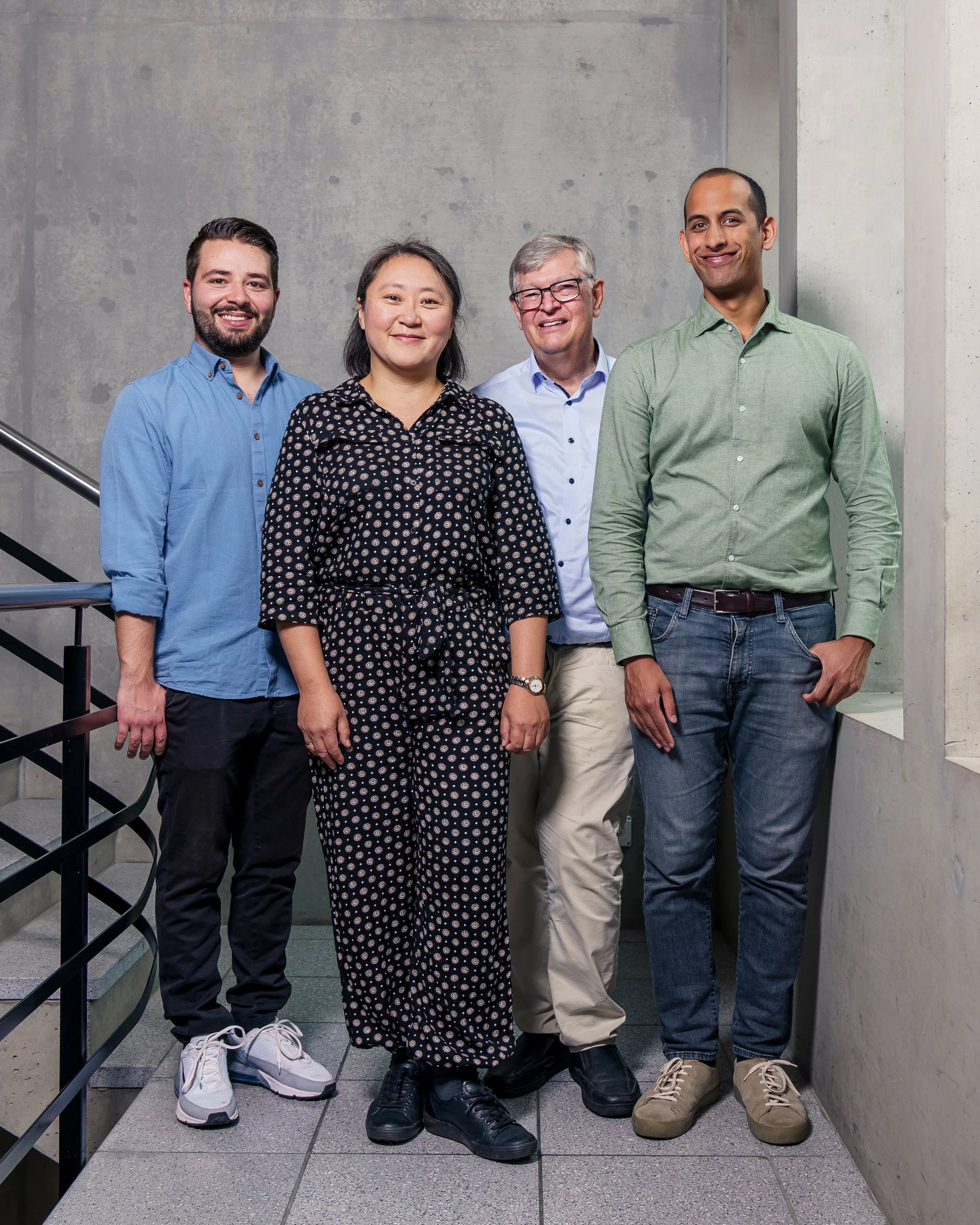Researchers in the PSI Center for Life Sciences are working to enable medical intervention at the cellular level using light-activated switches: Oliver Tejero and last author Ching-Ju Tsai, Gebhard Schertler and Matthew Rodrigues (left to right). 