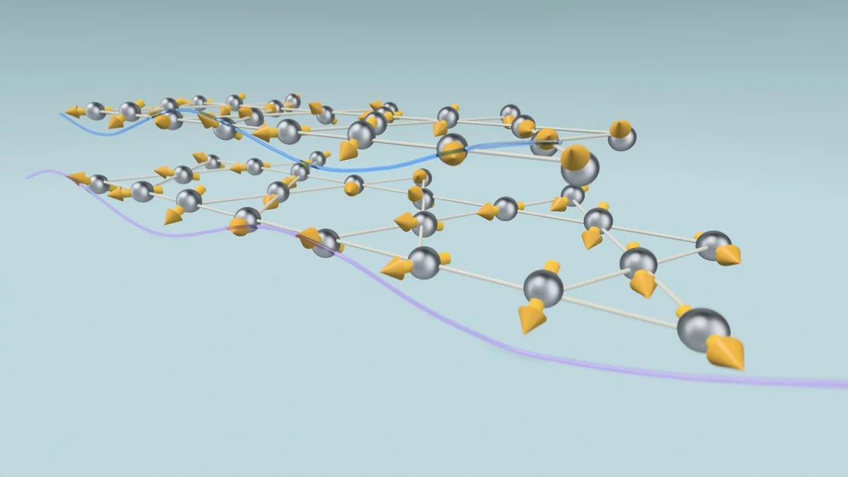 The kagome ferromagnet, Fe₃Sn₂ hosts spin waves - magnetic ripples arising from collective excitations of electron spins (shown here as golden arrows). The new findings reveal that the spin-waves are influenced by unexpected interactions between the layers in the material. 
