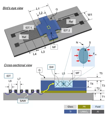 FIg. 1 Schematic of bird’s eye view and cross-sectional view of the hybrid ATs comprising a LiNbO3 SAW chip and a disposable Si MF chip (superstrate).