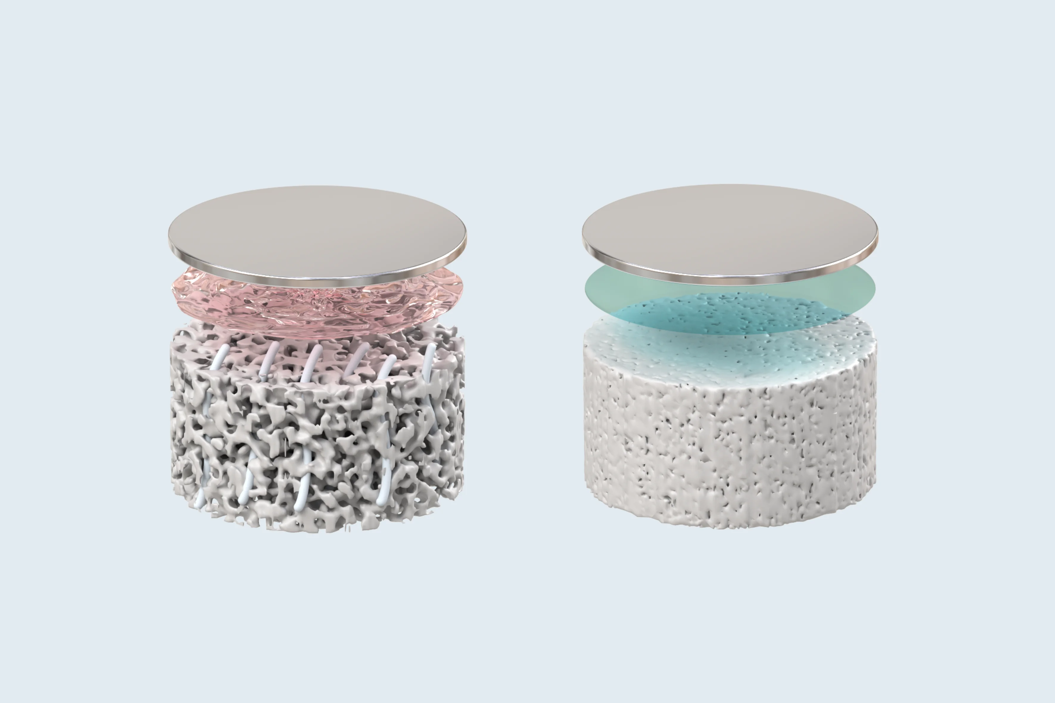 Links: Poröser Festelektrolyt, durch den Lithium-Dendriten (grau) bis zur Lithiumoberfläche (silbern) vordringen können; die Grenzfläche ist nur durch eine natürliche Grenzschicht (rosa) geschützt. Rechts: Am Paul Scherrer Institut PSI hergestellter, dicht gesinterter Festelektrolyt mit stabilisierender Lithiumfluorid-Beschichtung (blau), die das Eindringen von Dendriten verhindert und die Lithiumoberfläche schützt. 