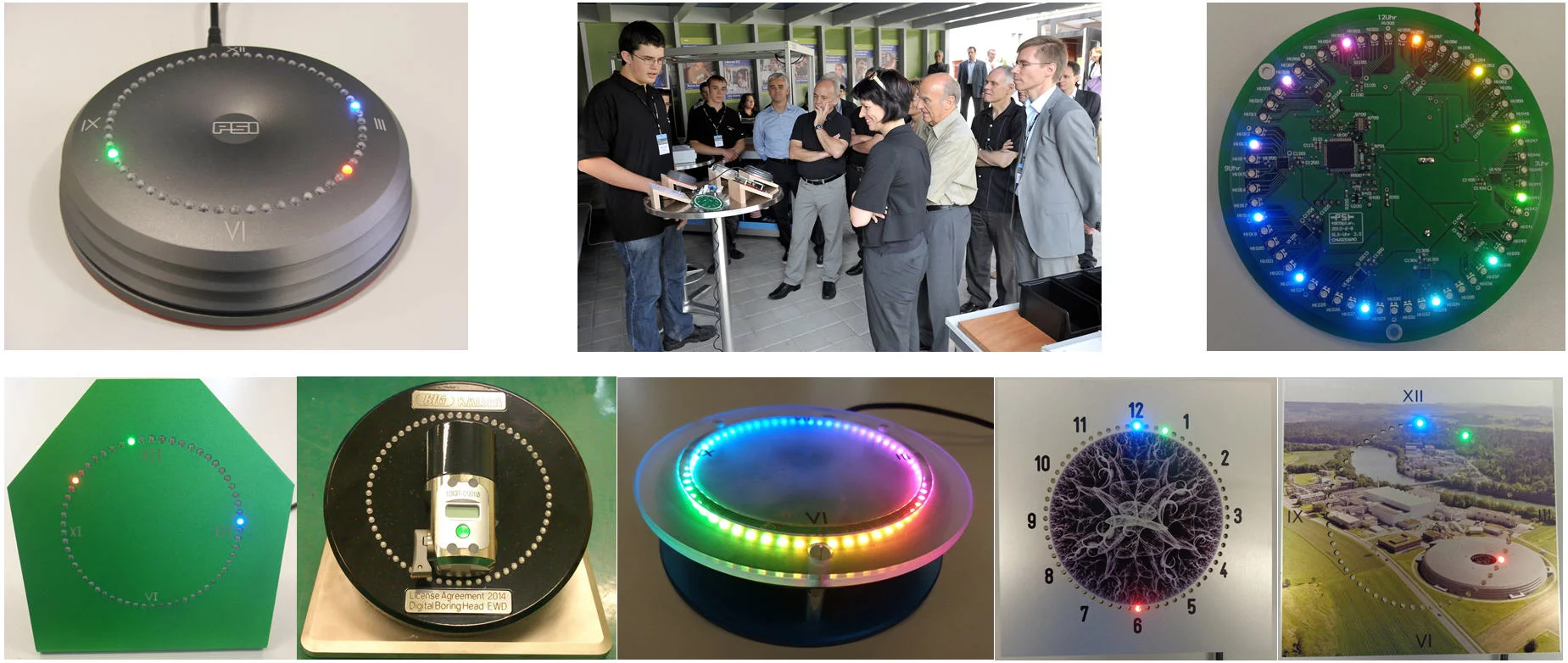 oben: SLS-Uhr, Präsentation vor Bndesrat, Leiterplatte; unten: verschiedene Gehäuseformen PSI)