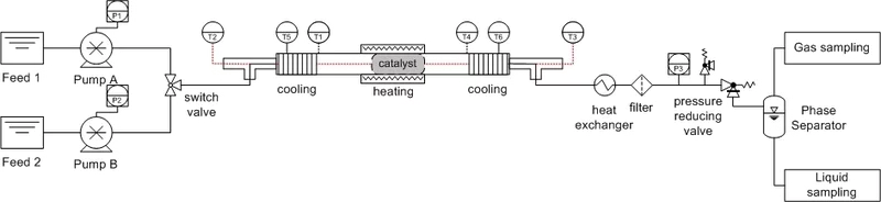 Figure 2: Sketch of the entire setup. Tx designates installed thermocouples, Px the installed pressure sensors.