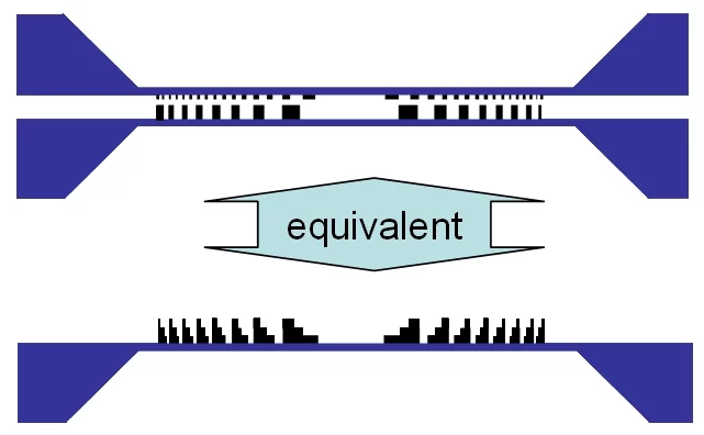Principle of stacking two Fresnel zone plates to form an effectively blazed staircase profile.