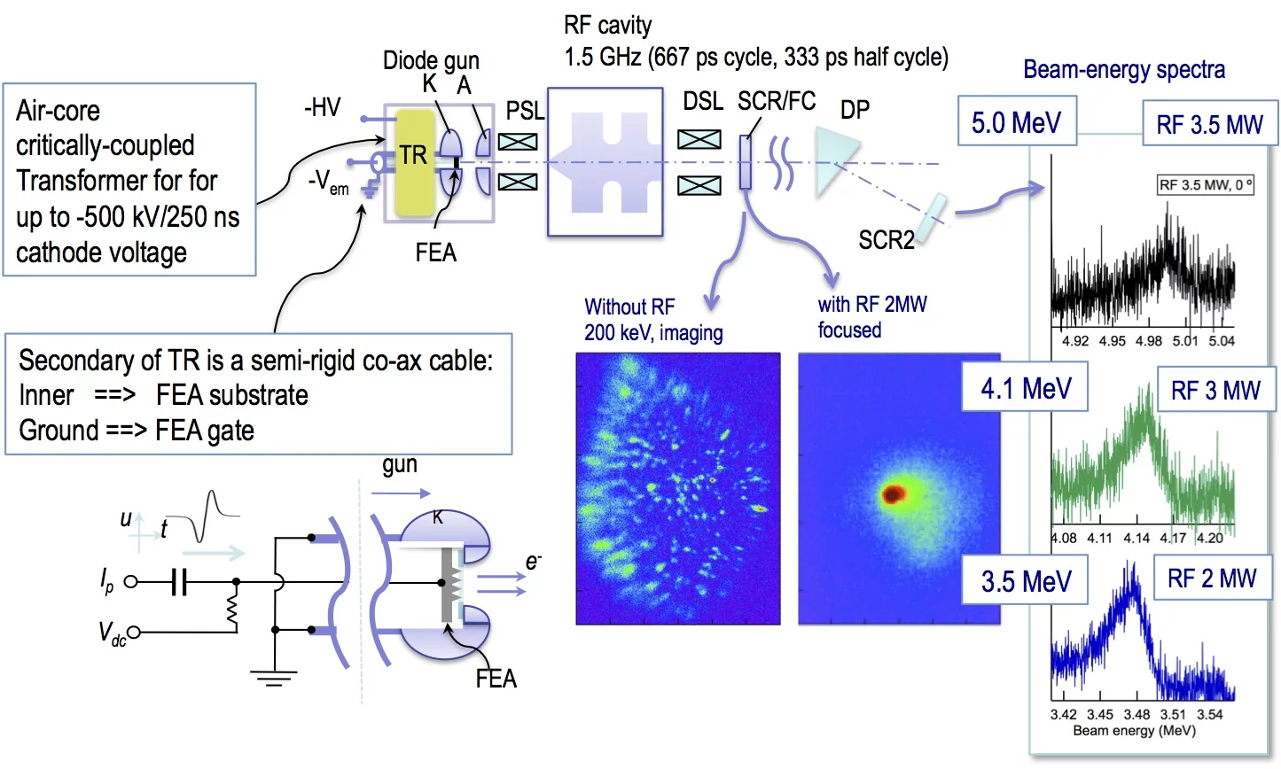 Integration of FEAs in the diode-RF cavity gun and acceleration of the e-beam to relativistic energies
