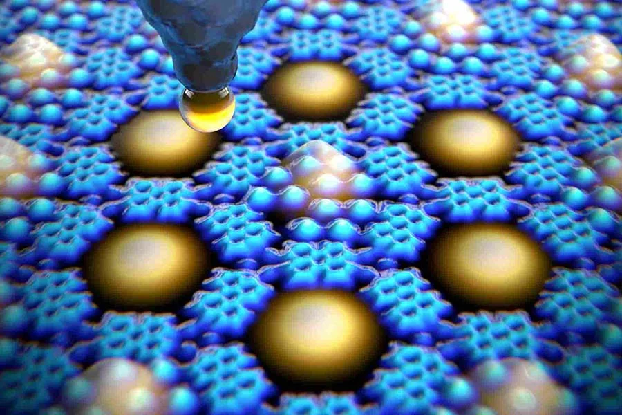 Using the tip of a scanning tunnel microscope, a single xenon atom (yellow) is being moved from a quantum box (blue), thus specifically altering its electronic quantum state. (Image: University of Basel, Department of Physics)