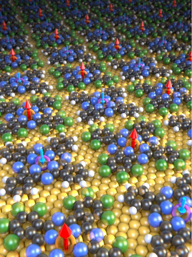 Phthalocyanines with iron (orange) and manganese (violet) centers co-assemble on a gold surface into a checkerboard pattern. The magnetism of iron and manganese differs in strength and points in opposite directions (red and blue arrows), fulfilling the prerequisites for extremely thin ferrimagnets.