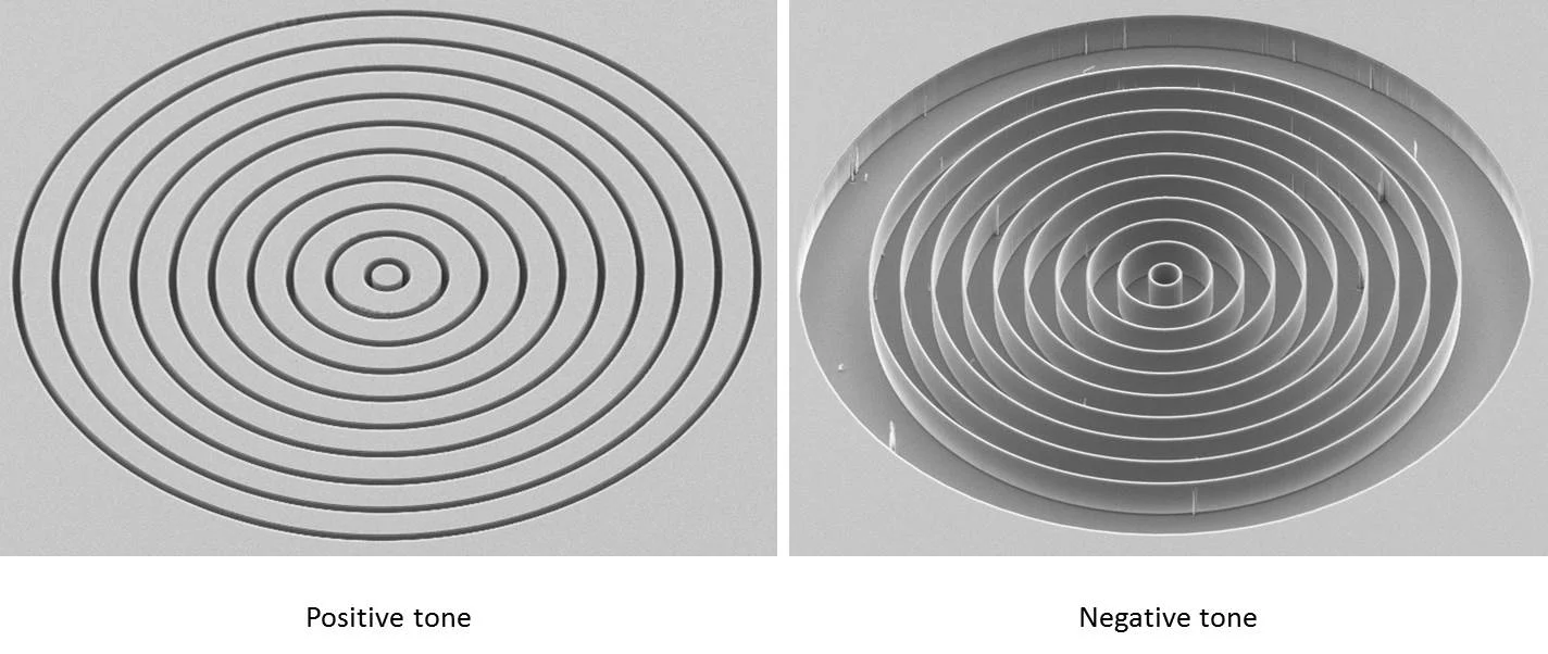 Fig. 2: SEM images of a Zernike phase shifting structures etched into a Silicon membrane. The outer diameter is 100 microns.