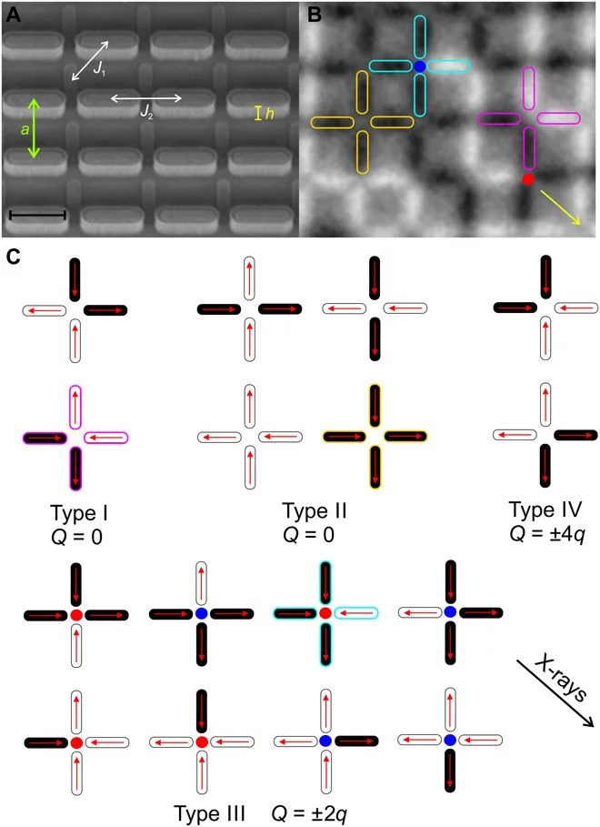 Thermally activated two-dimensional artificial square ice with height offsets between nanomagnets.(A) Tilted-sample scanning electron microscopy (SEM) image of an artificial square ice with an introduced height offset h, which can be varied from sample to sample, until the competing interactions J1 and J2 are equalized and an extensive spin ice degeneracy is achieved. Scale bar, 400 nm. (B) XMCD image of the same artificial square ice array. Nanomagnets with moments pointing toward the incoming x-rays (i…