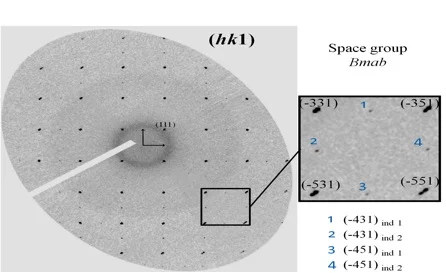 Experimental reciprocal space plane of orthorhombic T-La2CuO4 at RT, space group Bmab. Bragg reflections can be indexed with two twin individuals. The plane has been reconstructed from a set of ID11 data frames collected at ESRF/Grenoble.