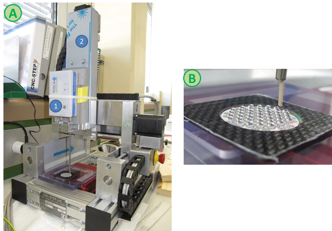 A: Droplets deposition device: dosage device DOSTAL DOSY (1), 3D positioning system (2). B: 3.5 µL droplets (1.88 mm diameter of a sphere with equal volume) placed onto a stretched low density polyethylene film 0.635 µm thick