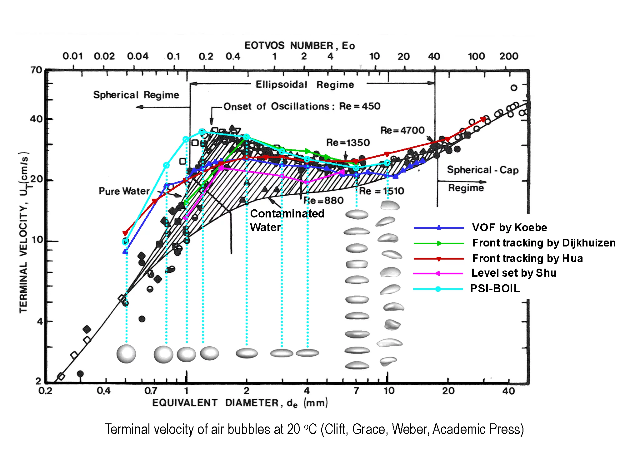 Rising single air bubble in stagnant water (Ref.).