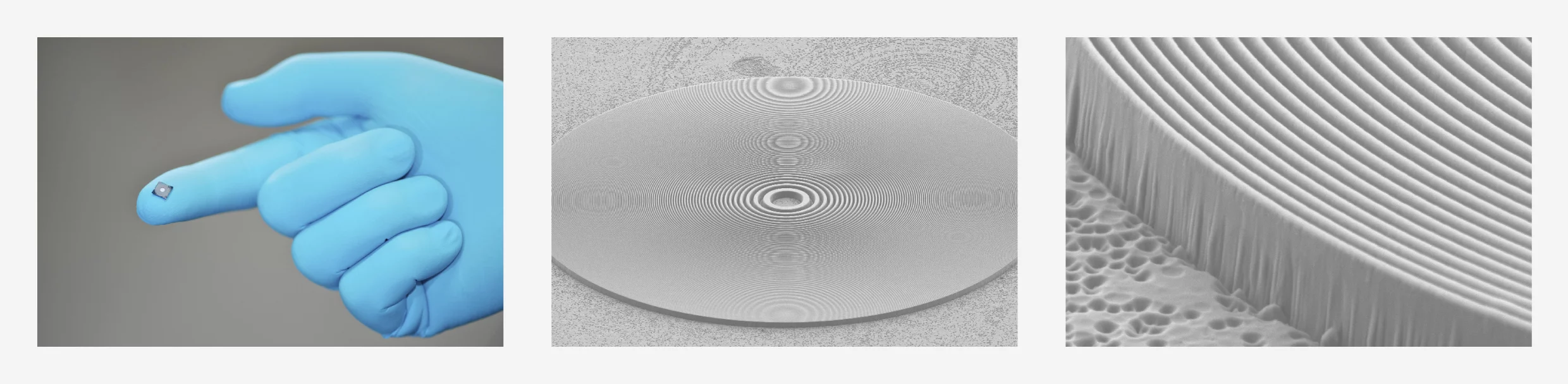 Zonenplatte aus Diamant zur Nano-Fokussierung intensiver Strahlung aus einem Röntgenlaser. Der Durchmesser der gesamten Zonenplatte beträgt 0,5 Millimeter – gerade gross genug um den Laserstahl aufzusammeln. Die äussersten Ringe sind nur 100 Nanometer dick (und werden zum Mittelpunkt hin dicker). (Links: Foto: PSI/M. Fischer; Mitte und rechts: REM-Aufnahmen, PSI)
