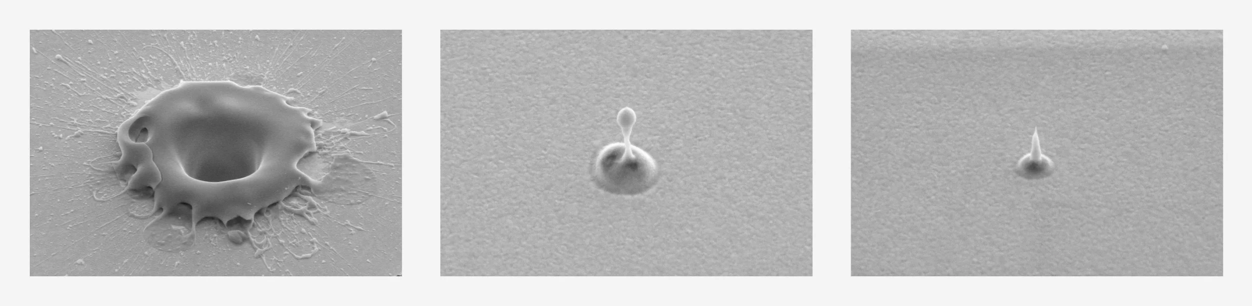 Der von einer diamantenen Zonenplatte fokussierte Röntgenlaserpuls erzeugt Krater in einer Metalloberfläche. Um die Fokusgrösse und die maximale Strahlungsdichte genau zu bestimmen führt man solche Experimente für verschiedene Intensitäten des Strahls durch. Bei voller Pulsstärke beträgt der Durchmesser einige Tausend Nanometer (links), während bei tausendfacher Abschwächung Krater mit 500 Nanometer (Mitte) und 200 Nanometer (rechts) entstehen. Die Grösse der Krater entspricht nicht unmittelbar dem Quersch…