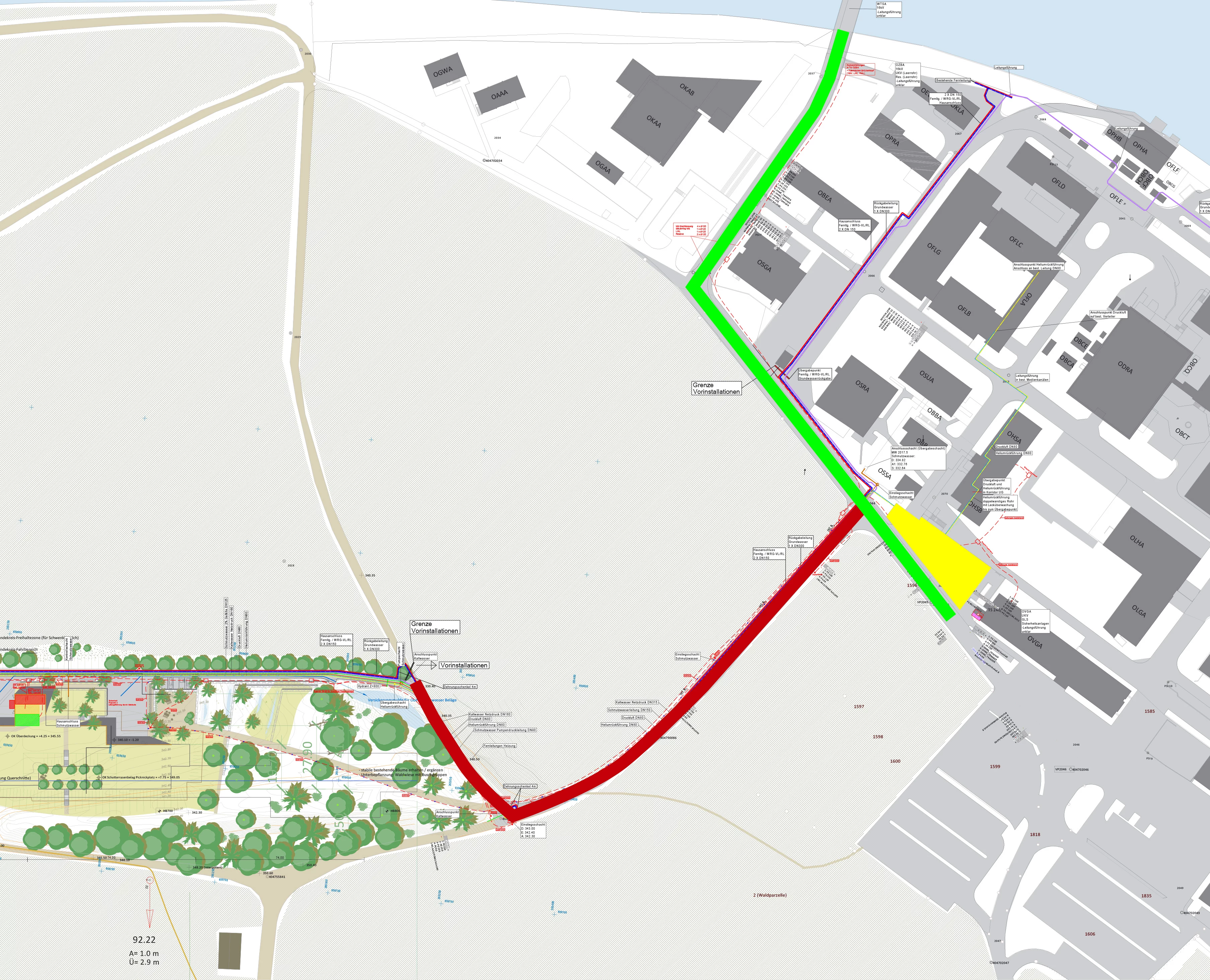 Die Bauarbeiten betreffen den grün markierten Strassenabschnitt
der Bachstrasse vom Brückenkopf Ost zum Ende des Parkplatzes und den Strassenabschnitt „Alte Reaktorstrasse“ von der Einmündung in die Bachstrasse
bis zum geplanten Beginn des SwissFEL-Geländes (rot). Während der Bauzeit wird der Parkplatz (gelb) aufgehoben.