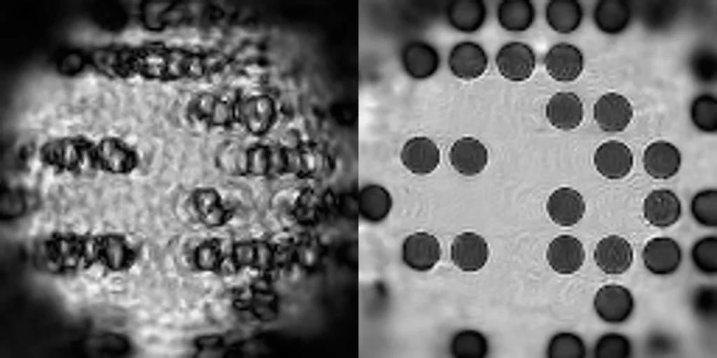 Links: Eine Rekonstruktion der Abbildung eines Untersuchungsobjekts mit einer Standardtechnik. Deutlich sichtbar sind Bildstörungen, und Details der Probe werden nicht zuverlässig abgebildet. Rechts: Die neue Analysemethode berechnet Zustandsmischungen der einfallenden Strahlung oder auch der Probe mit ein und verbessert merklich die Bildqualität.