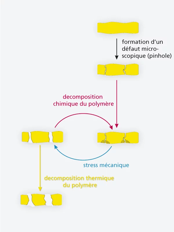 Le mécanisme de dégradation de la membrane des piles à combustible peut être représenté comme suit : la membrane cède à la charge mécanique au niveau de certains points faibles, ce qui produit un trou microscopique. Le passage des gaz par cette défectuosité entraîne une dégradation chimique. L’affaiblissement du polymère, induit chimiquement, augmente la sensibilité de la membrane à la charge mécanique, et les défectuosités s’agrandissent, ce qui accélère encore la dégradation chimique. Ces deux effets se …