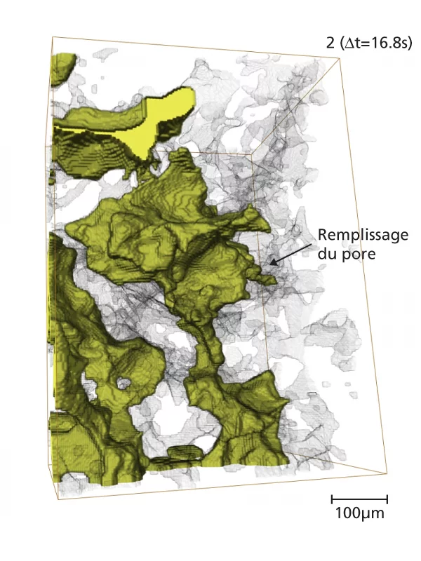 Remplissage d’un pore par l’ ouverture en « goulot », par le bas. Ci-dessus, la séquence de départ, ci-dessous un cliché réalisé au bout de 16,8 secondes.
